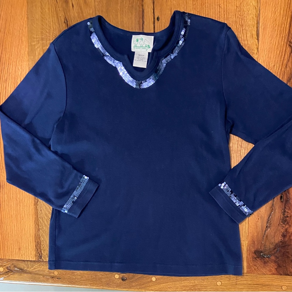 Quacker Factory 100% Cotton Navy Blue V-Neck Top with Sequins Trim, Size Medium